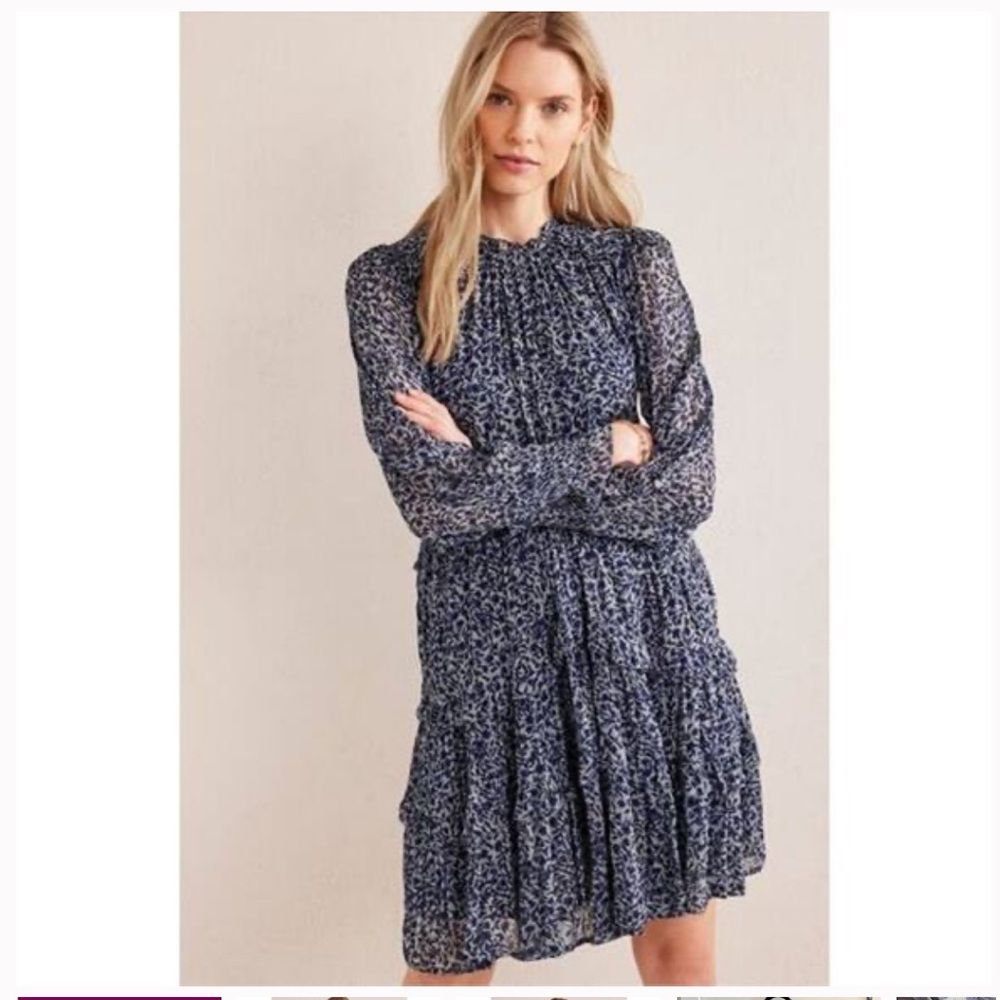 Boden Ruffle Long Sleeve Mini Dress Tiered Summer Spring Floral Blue 6P 6 Petite